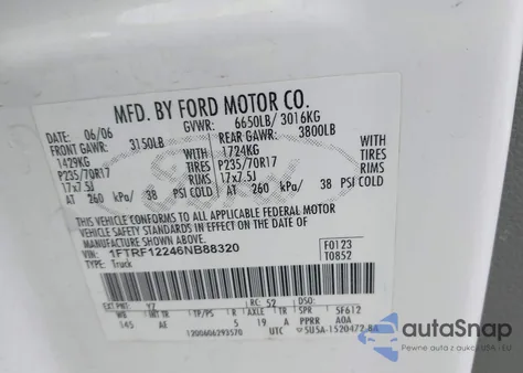 2006 Ford F-150 Stx/Xl/Xlt z USA, uszkodzony, nr VIN 1FTRF12246NB88320
